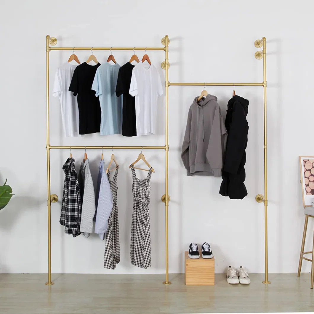 Modern Simple Industrial Pipe Double Hanging Rods Clothing Rack, Clothes Rack Wall Mounted Heavy Duty Hanging Clothes Rack